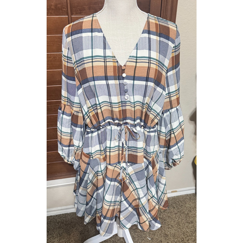 Entro Fall Plaid Button Flare Dress Size M academia school Country cottage